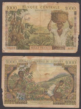 Cameroun 1000 Francs Nd 1962 (g - Vg) Repaired Banknote Km 12