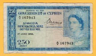 Cyprus 250 Mils Vf 1955 P - 33a A4 Prefix Banknote