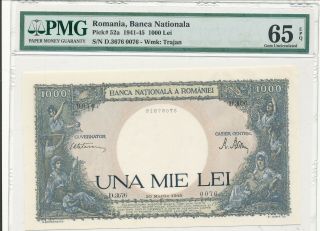Wwii Romania Banknote Pick 52a 1941 - 45 1000 Lei Pmg 65 Epq
