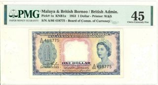 Malaya & British Borneo $1 Dollar Banknote 1953 Pmg 45 Choice Xf