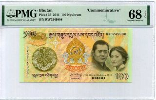 Bhutan 100 Ngultrum Nd 2011 P 35 Comm.  Gem Unc Pmg 68 Epq Top