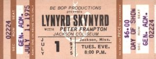 Lynyrd Skynyrd 1975 Nuthin Fancy Tour Concert Ticket / Peter Frampton 1