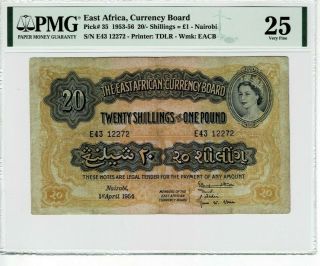 East Africa P 35 1954 20 Shillings / 1 Pound Pmg 25 Very Fine