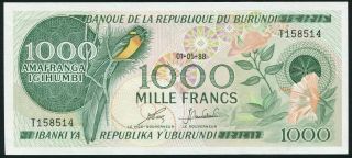 Burundi 1000 Francs 1988.  05.  01.  Paradise Whydah Bird & Flowers P31d Unc