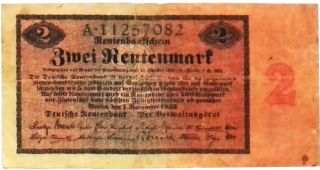 1923 Germany 2 Rentenmark Banknote - 2000000000000 Mark Replacement