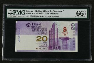 2008 Macau " Beijing Olympic Commem " 20 Patacas Pick 107a Pmg 66 Epq Unc