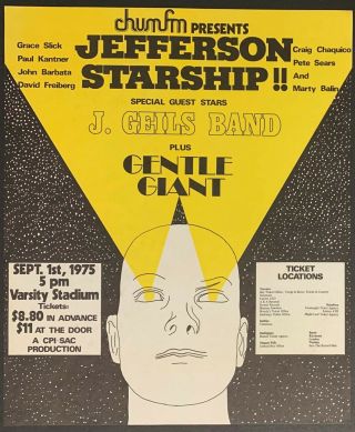1975 Jefferson Starship,  Geils Band Rock Concert Handbill Varsity Stadium Chum