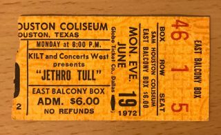 1972 Jethro Tull / The Eagles Houston Concert Ticket Stub Take It Easy Aqualung