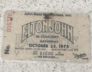 1975 Elton John Concert Ticket,  Dodger Stadium,  Los Angeles Oct 25 Laminated
