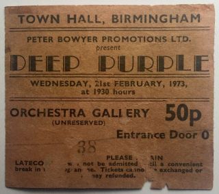 Deep Purple Concert Ticket Town Hall Birmingham 21st Feb 1973
