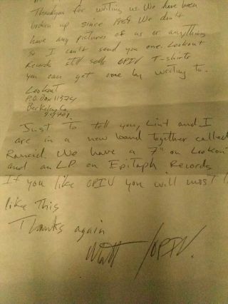 Rancid/operation Ivy Memorabilia Hand Written Letter From The Band.