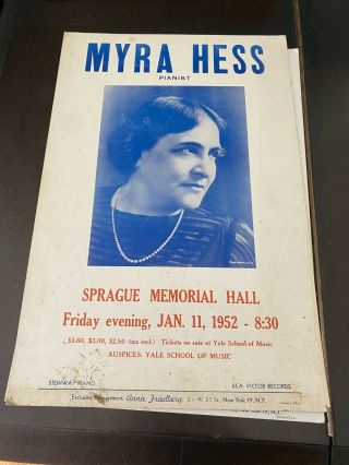 Myra Hess Cardboard Recital Poster Sprague Hall Jan.  11,  952 181/2 X 12 1/4