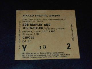 Bob Marley & Wailers 1980 Apollo Theatre,  Glasgow Concert Ticket Stub