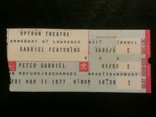 Peter Gabriel Ticket Stub 3/11/1977 Chicago Uptown Last One