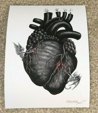 Emek Black Heart Handbill Signed Art Print 4.  75 X 6.  25 Rare