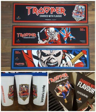 Iron Maiden Trooper Beer Bundle 1 Bar Runner Pint Cups Eddie Bunting Rare Set