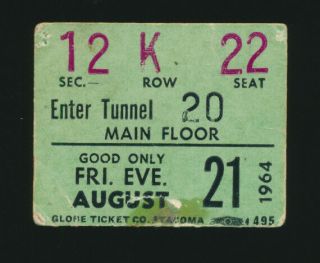 Beatles 1964 Concert Ticket Stub To Their Seattle Concert Patron Stub Green