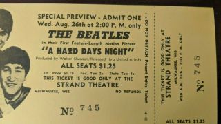 THE BEATLES A HARD DAYS NIGHT 1964 SPEC Preview MOVIE PREMIERE TICKET 3