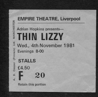 1981 Thin Lizzy Concert Ticket Stub Liverpool Boys Are Back In Town Renegade