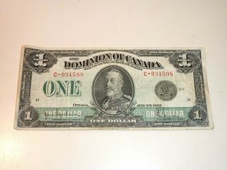 1923 The Dominion Of Canada 1$ Banknote Black Seal Circulated