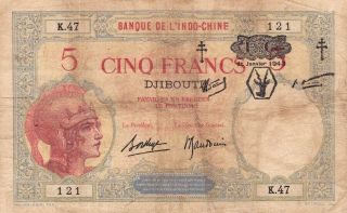 Djibouti French Somaliland 5 Francs 1943 P - 11 Vg Crosses Of Lorraine