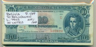 Bolivia Bundle 30 Notes 10 Bolivianos Law 1945 P 139 Avf/axf
