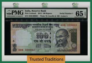 Tt Pk Unl 2013 India 100 Rupees Gandhi 4db Block S/n 000001 Pmg 65 Epq 1 Of 10