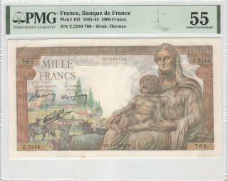 France 1000 Francs 1943 P - 102 Pmg 55