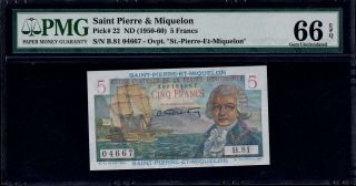 Saint Pierre & Miquelon 5 Francs 1950 - 1960 Gem Unc Pick 22