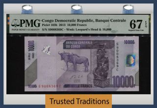 Tt Pk 103b 2013 Congo Dem Rep 10000 Francs Buffalos & Bird Pmg 67q Tied As Best