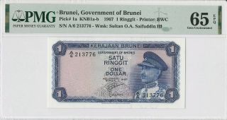 Brunei 1 Dollar 1967 P - 1a Pmg 65 Epq
