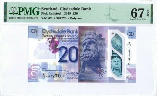 Scotland - Uk (clydesdale Bank) 20 Pounds 2019 Pmg 67 Epq S/n W/ls 584270 Polymer