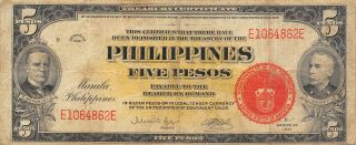 Philippines 5 Pesos Series Of 1941 P 91a Circulated Banknote Aa6