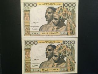 West African States - Ivory Coast (2 Notes) 1000 Francs 1959 - 1965 - Crisp