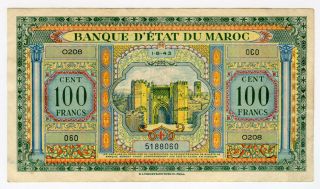 Morocco 1943 Issue 100 Francs Banknote Very Crisp Xf.  Pick 27a.