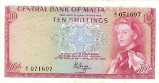 Malta 10 Shillings Currency Banknote 1968 Xf/au