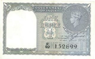 India 1 Rupee Currency Banknote 1940 Cu - No Pin Holes