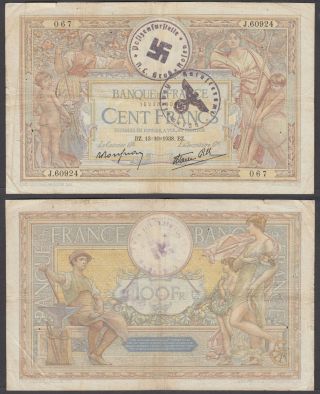 France 100 Francs 1939 (f) Banknote P - 78c Wwii German Postmark