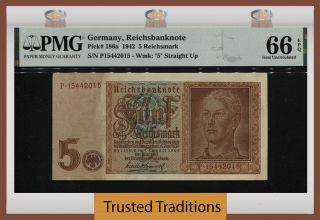 Tt Pk 186a 1942 Germany Reichsbanknote 5 Reichsmark Pmg 66 Epq Gem Uncirculated