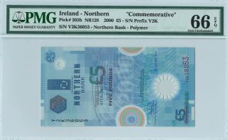 Northern Ireland 5 Pounds 2000 Pmg 66 Epq S/n Y2k36053 " Commemorative " Polymer