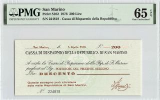 San Marino 1976 P - S102 Pmg Gem Unc 65 Epq 200 Lire