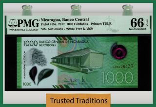 Tt Pk 215a 2017 Nicaragua Banco Central 1000 Cordobas Pmg 66 Epq Gem Unc