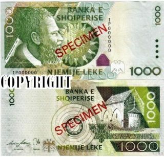Albania Banknote Specimen Paper Money,  1000 Leke 2007.  Unc