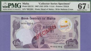 Malta,  5 Lira Banknote " Specimen " (nd 1979) Gem Unc - 67 - Epq - Pmg Cat 35/cs1