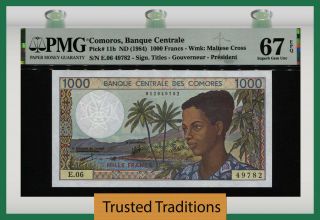 Tt Pk 11b 1984 Comoros 1000 Francs Pmg 67 Epq Gem Stunning Vibrant Colors