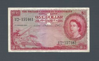 British Caribbean Territories $1 Dollar,  1957,  P - 7b,  Very Fine Vf,  Qeii