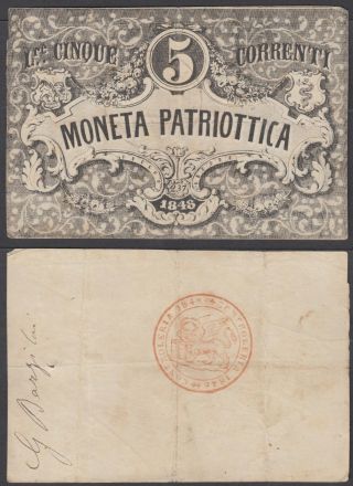 Italy 5 Lire 1848 (f - Vf) Banknote Moneta Patriottica P - S188