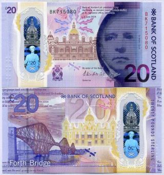 Scotland 20 Pounds 2019 / 2020 Bank Of Scotland Polymer P Design Unc