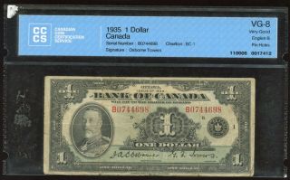 1935 Bank Of Canada $1 - Cccs Vg - 8.  Cat Bc - 1.  S/n: B0744698/d