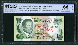 Botswana 10 Pula 1992 Masire P12s Numbered Specimen Slabbed Pcgs Gem Unc 66 Opq
